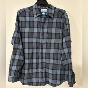 Men’s Columbia Button Down Shirt, Blue/Gray/Black Plaid Size Large